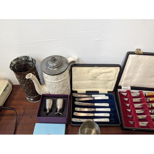 219 - A mixed collection to include 19th century tableware, an embossed gun shell, silver plated tray and ... 