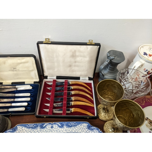 219 - A mixed collection to include 19th century tableware, an embossed gun shell, silver plated tray and ... 