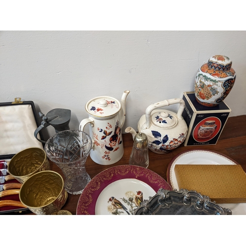 219 - A mixed collection to include 19th century tableware, an embossed gun shell, silver plated tray and ... 