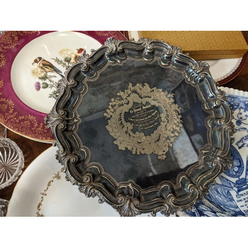 219 - A mixed collection to include 19th century tableware, an embossed gun shell, silver plated tray and ... 