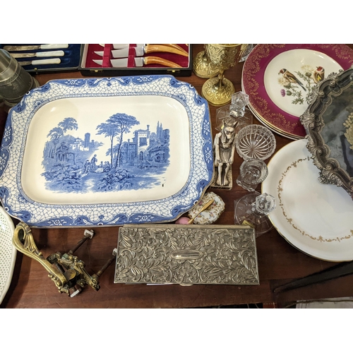 219 - A mixed collection to include 19th century tableware, an embossed gun shell, silver plated tray and ... 