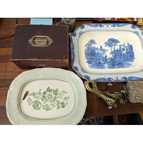 219 - A mixed collection to include 19th century tableware, an embossed gun shell, silver plated tray and ... 