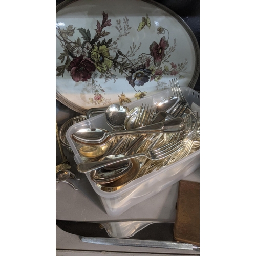 265 - Mixed metal ware mainly silver plated items to include a pedestal dish, three part tea service A/F a... 