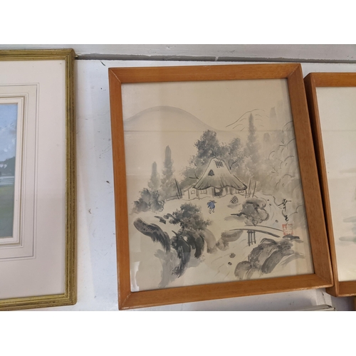 281 - Pictures to include four Japanese watercolours depicting various scenes and two prints depicting riv... 