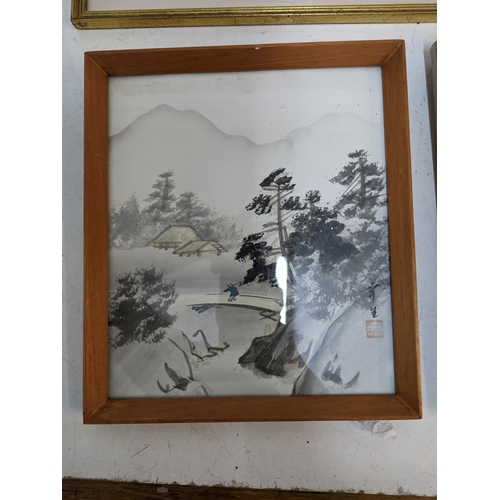 281 - Pictures to include four Japanese watercolours depicting various scenes and two prints depicting riv... 