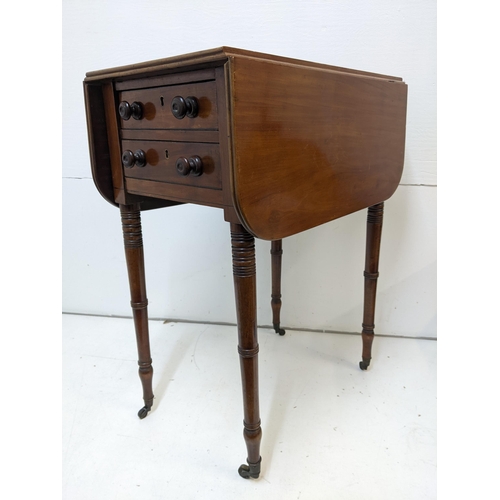 296 - A Victorian mahogany work table with twin fall flaps and two drawers, on turned legs and a still lif... 