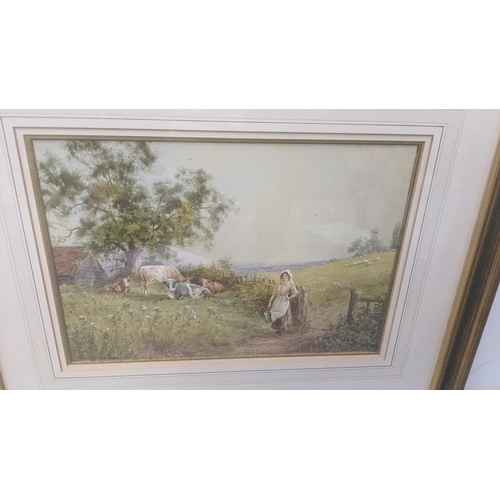 397 - Two framed and glazed watercolours, Horace Millburne c1900 depicting a countryside farm with a girl ... 