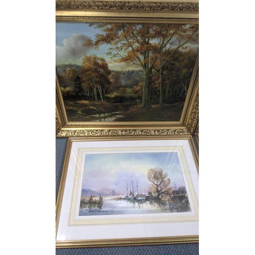 398 - Four paintings to include a framed and glazed watercolour by John Snelling depicting sailboats at a ... 