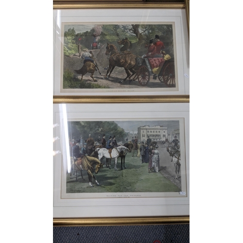 399 - Framed and glazed prints and engravings to include a colour engraving titled 'Waiting for the Prince... 