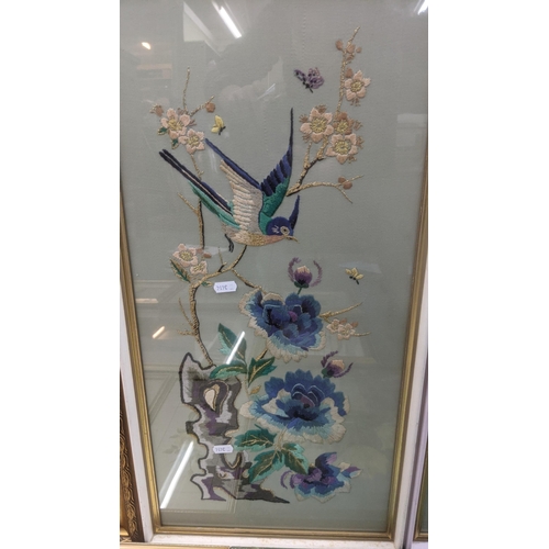 400 - Framed and glazed pictures to include two silk embroidered examples depicting birds in floral scenes... 