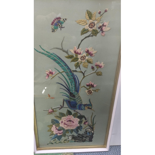 400 - Framed and glazed pictures to include two silk embroidered examples depicting birds in floral scenes... 