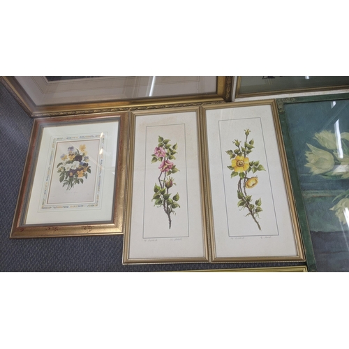 400 - Framed and glazed pictures to include two silk embroidered examples depicting birds in floral scenes... 