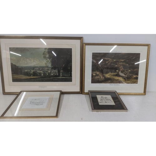 409 - Four framed and glazed pictures to include: a limited edition 195/350 print signed Timothy Greenwood... 