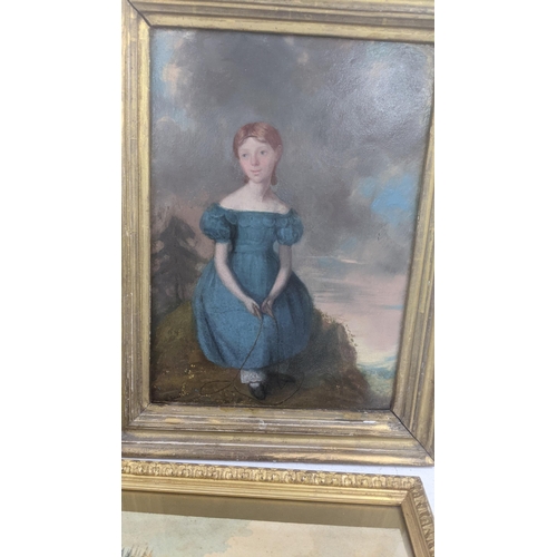 410 - Mixed framed paintings to include: oil onboard depicting a resting girl holding a skipping rope, Don... 