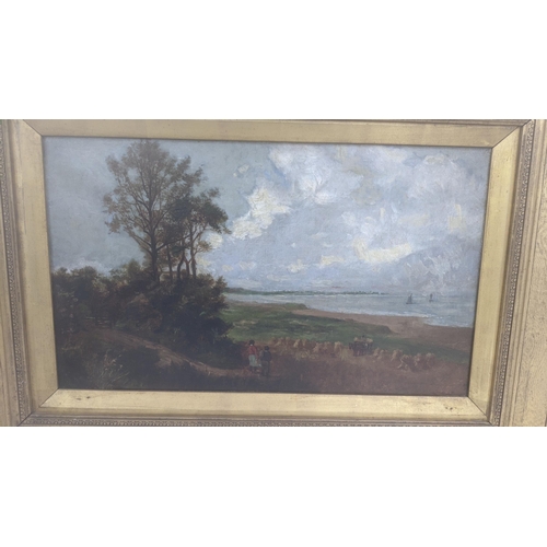 414 - A Victorian oil on canvas depicting a landscape with sail boats and figures on land having a label t... 