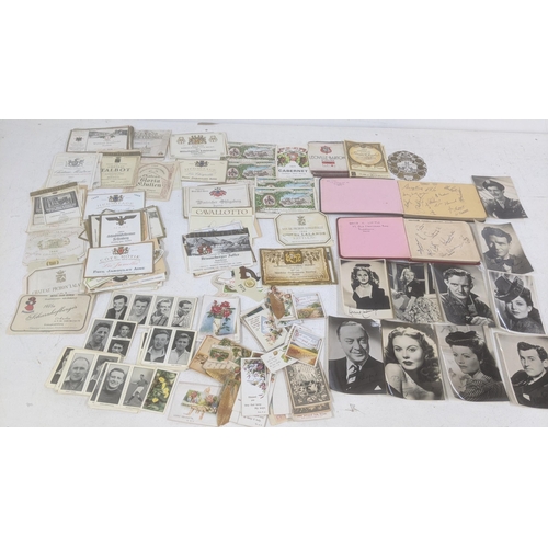 458 - Mixed ephemera to include: two autograph books, signed photographs, cigarette cards and alcohol bott... 