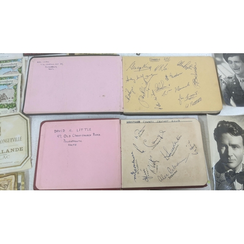 458 - Mixed ephemera to include: two autograph books, signed photographs, cigarette cards and alcohol bott... 