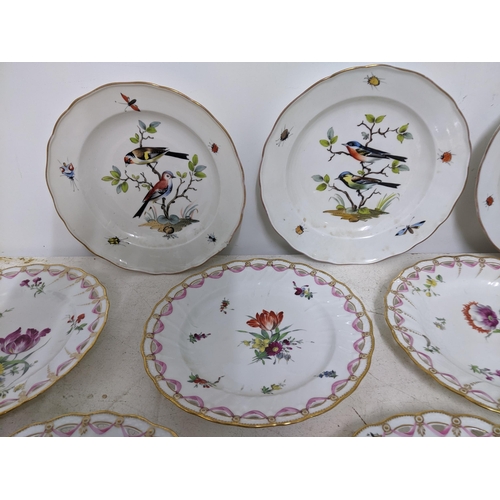 182 - A set of four 19th century Meissen 2nd quality porcelain plates, each decorated with two birds perch... 