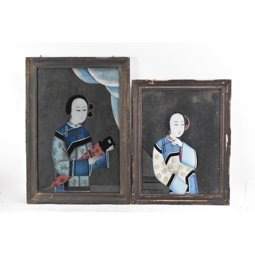 416 - Two Chinese Qing dynasty, 19th century, reverse glass paintings, both depicting ladies, one of a mus... 