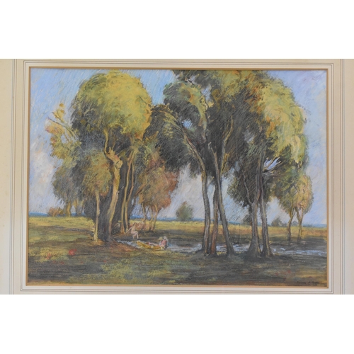 421 - Marcus Arthur Boss (B.1891) - A pastel landscape scene depicting figures by trees, signed and dated ... 