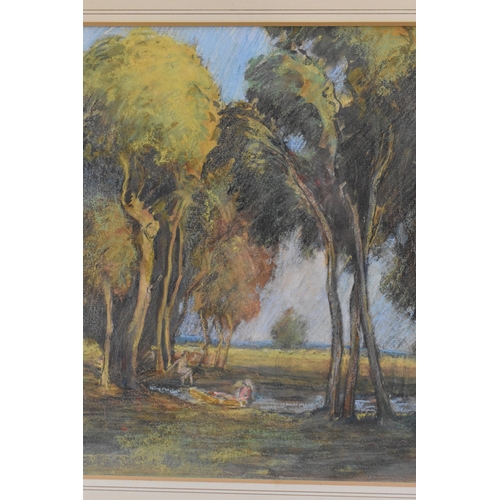 421 - Marcus Arthur Boss (B.1891) - A pastel landscape scene depicting figures by trees, signed and dated ... 