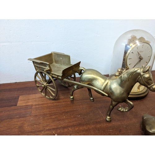 444 - Bronze items to include a pair of horses with carts, two geese, a boot with the Chester City crest, ... 