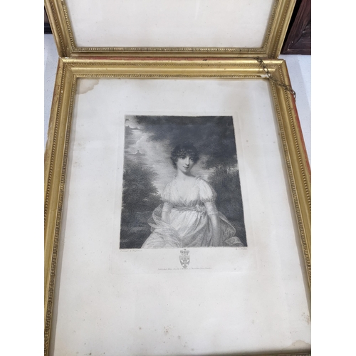 502 - Framed pictures to include a 19th century coloured etching after Charlemagne Oscar Guet of a seated ... 