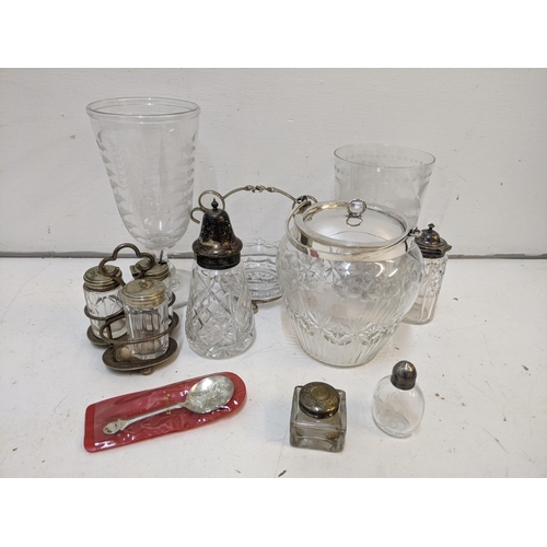 484 - Silver plate and glassware to include John Grinsell biscuit barrel, Victorian celery vases and condi... 