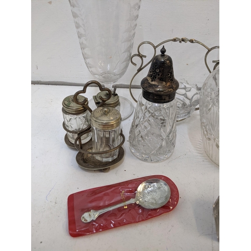 484 - Silver plate and glassware to include John Grinsell biscuit barrel, Victorian celery vases and condi... 