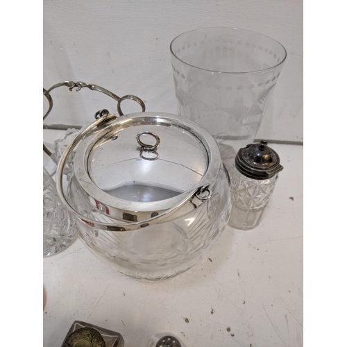 484 - Silver plate and glassware to include John Grinsell biscuit barrel, Victorian celery vases and condi... 