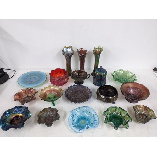 504 - A mixed lot of mostly carnival glass to include a red vase/bowl, an early 20th century opal glass bo... 