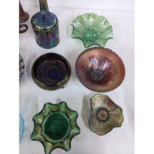 504 - A mixed lot of mostly carnival glass to include a red vase/bowl, an early 20th century opal glass bo... 