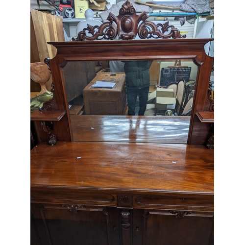 357 - Victorian mahogany mirrored backed sideboard with internal lead lined cellarette drawer to right sid... 