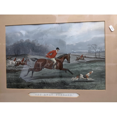 368 - After T Walsh - Get Away Forrad/ A Check - two Victorian coloured fox hunting prints 29cm x 44cm mou... 