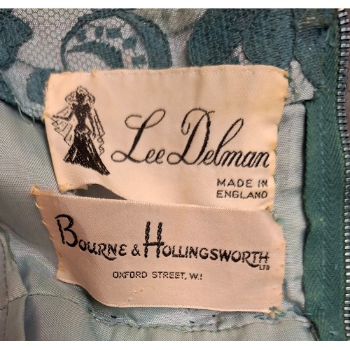 92 - A mid 20th Century Lee Delman for Bourne & Holligsworth fern green evening gown having a lace outer ... 