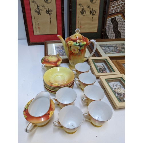 132 - A mixed lot to include an Aboriginal panel painted on bark, a Japanese tea set with floral design, a... 