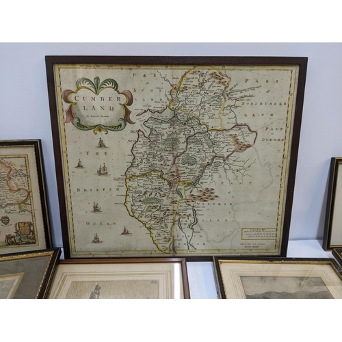 151 - Mixed 18th century and later prints to include various of castles, a Robert Morden map of Cumbria an... 