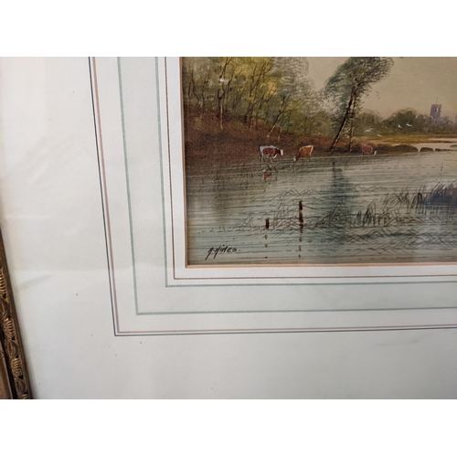 162 - A framed 19th century watercolour depicting a river scene with a church tower in the horizon, signed... 