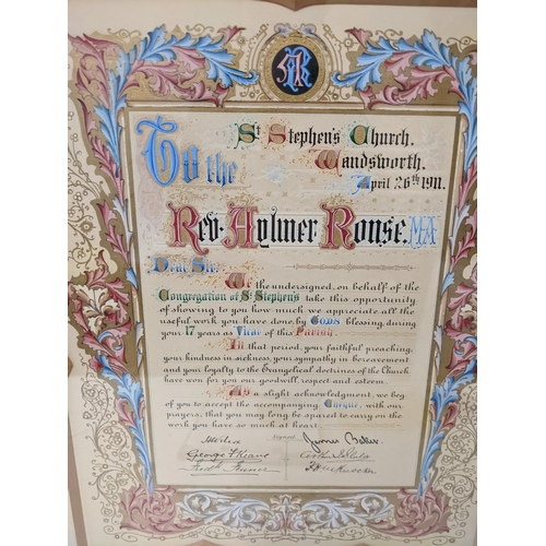 163 - A framed and glazed retirement certificate for the Rev Aylmer Rouse MA, dated 1911, of St Stephens C... 