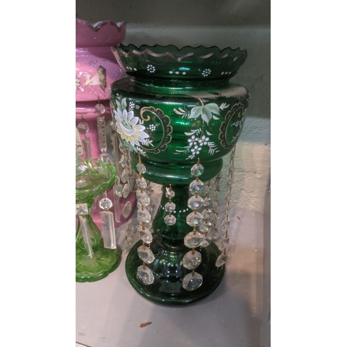 58 - A group of 19th century and later lustre vases to include a Victorian mantle green glass and guilt e... 