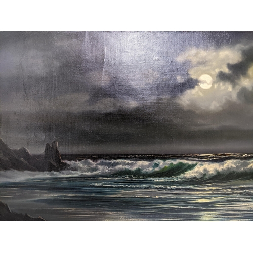 98 - Arnold Beardsley (b.1915) - a moonlit seascape of waves crashing onto a beach coastline, oil on canv... 