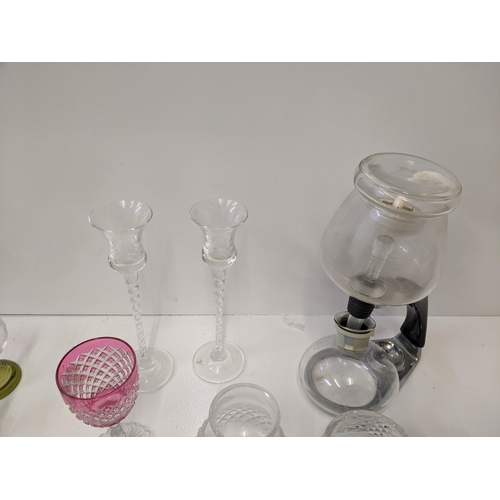 143 - A mixed lot of glassware to include a Victorian honeycomb goblet with red and opaque inverted Allist... 