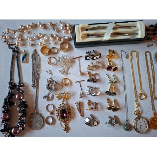 37 - A mixed lot comprising costume jewellery, coins and a boxed Cross pen set to include marcasite brooc... 