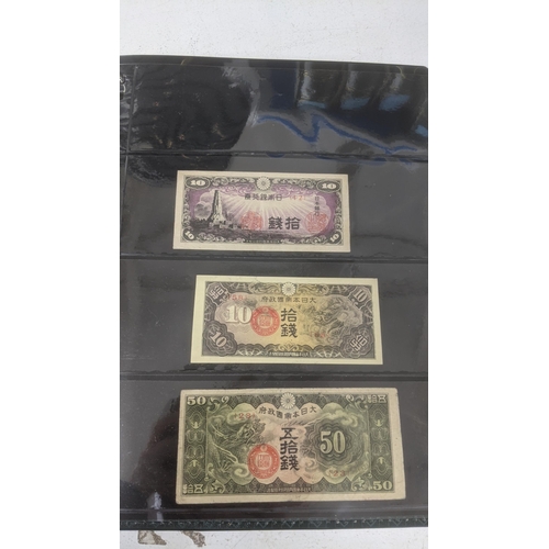 122 - Banknotes - An album of mixed Japanese and North Korean banknotes to include 1947 North Korean 5 won... 