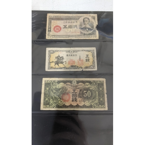 122 - Banknotes - An album of mixed Japanese and North Korean banknotes to include 1947 North Korean 5 won... 