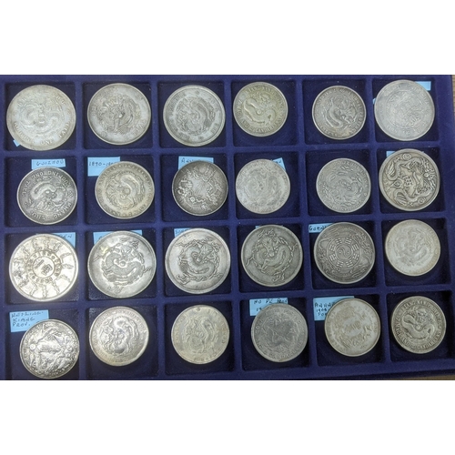 129 - A collection of white metal replica Chinese coins to include Kwang - Shu, Kuoping one Tael, Szechuen... 