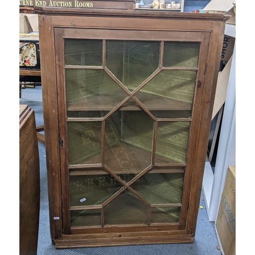 350 - A George III pine wall hanging corner cabinet, 104.5cm h x 71cm w, together with 19th century and la... 