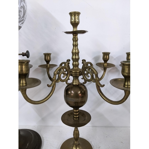 327 - Mixed metalware to include an oil lamp, a pair of four branch candelabras and a box of assorted weig... 