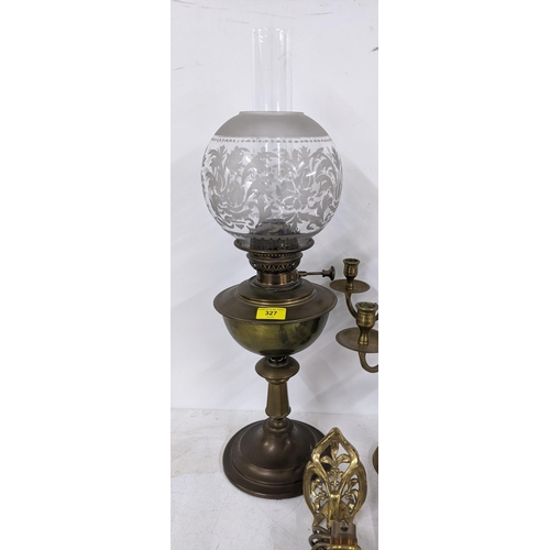 327 - Mixed metalware to include an oil lamp, a pair of four branch candelabras and a box of assorted weig... 