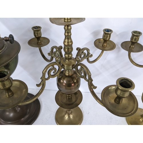 327 - Mixed metalware to include an oil lamp, a pair of four branch candelabras and a box of assorted weig... 